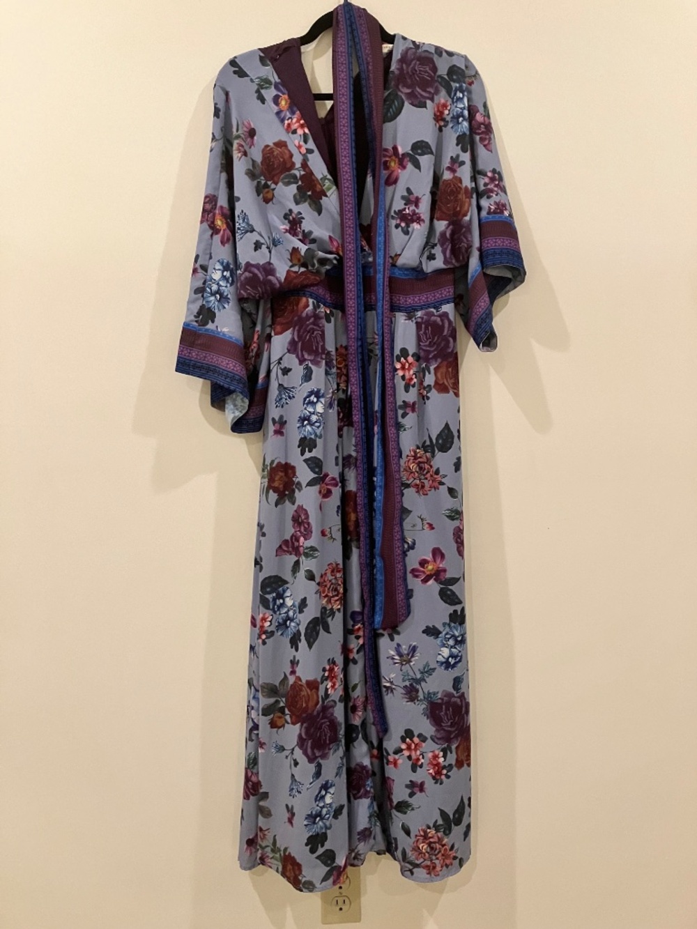 Elegant Purple Floral Gown Wayward Fancies Pockets Kimono Sleeves M